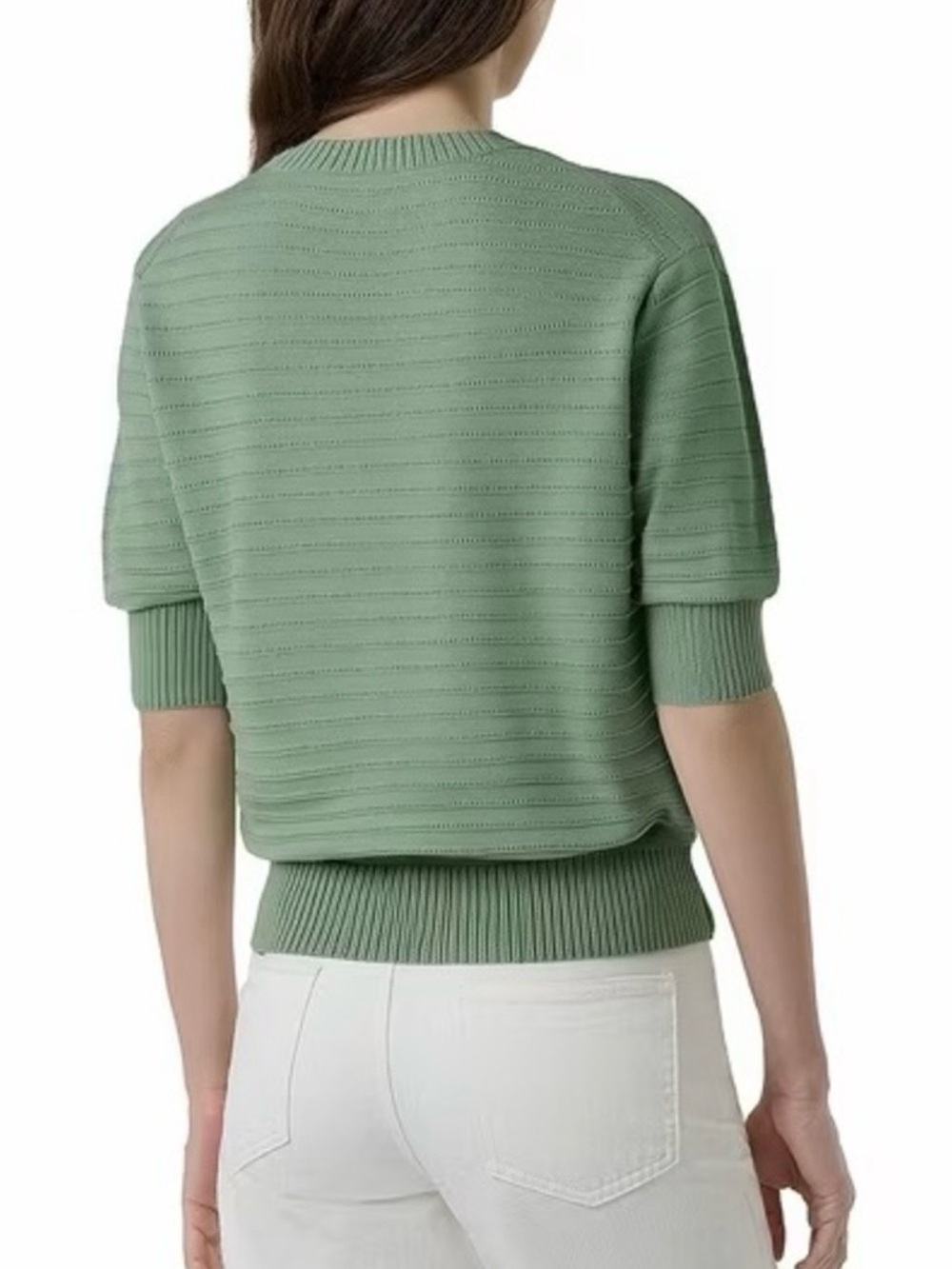 FRYE Sz XXL Sage Green Sweater Fine Gauge Cotton knit Ribbed Crew Short Sleeve - Picture 2 of 10